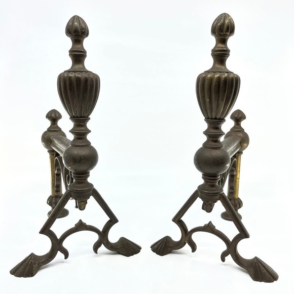 Antique 19th Century Victorian Brass Fire Dogs Andirons Reeded Finials Set TC7 - Picture 1 of 5